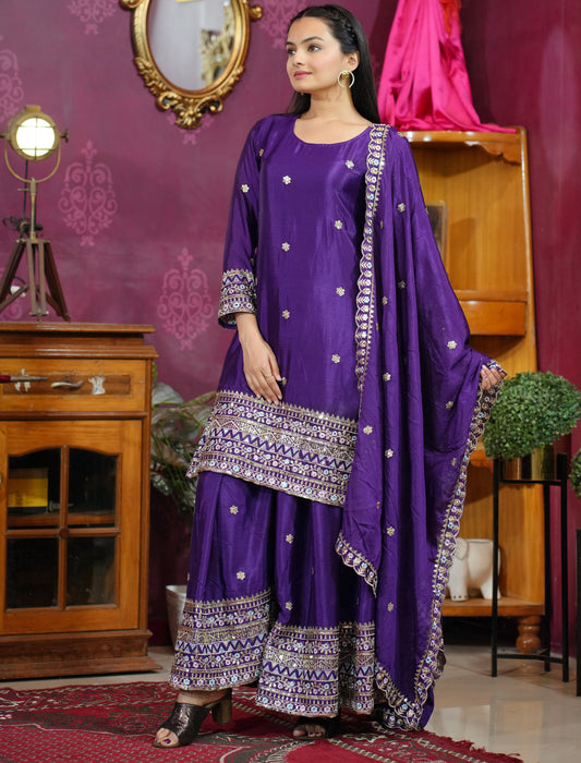 Purple Silk Sharara Set with Mirror Work and Intricate Zari Border Detailing