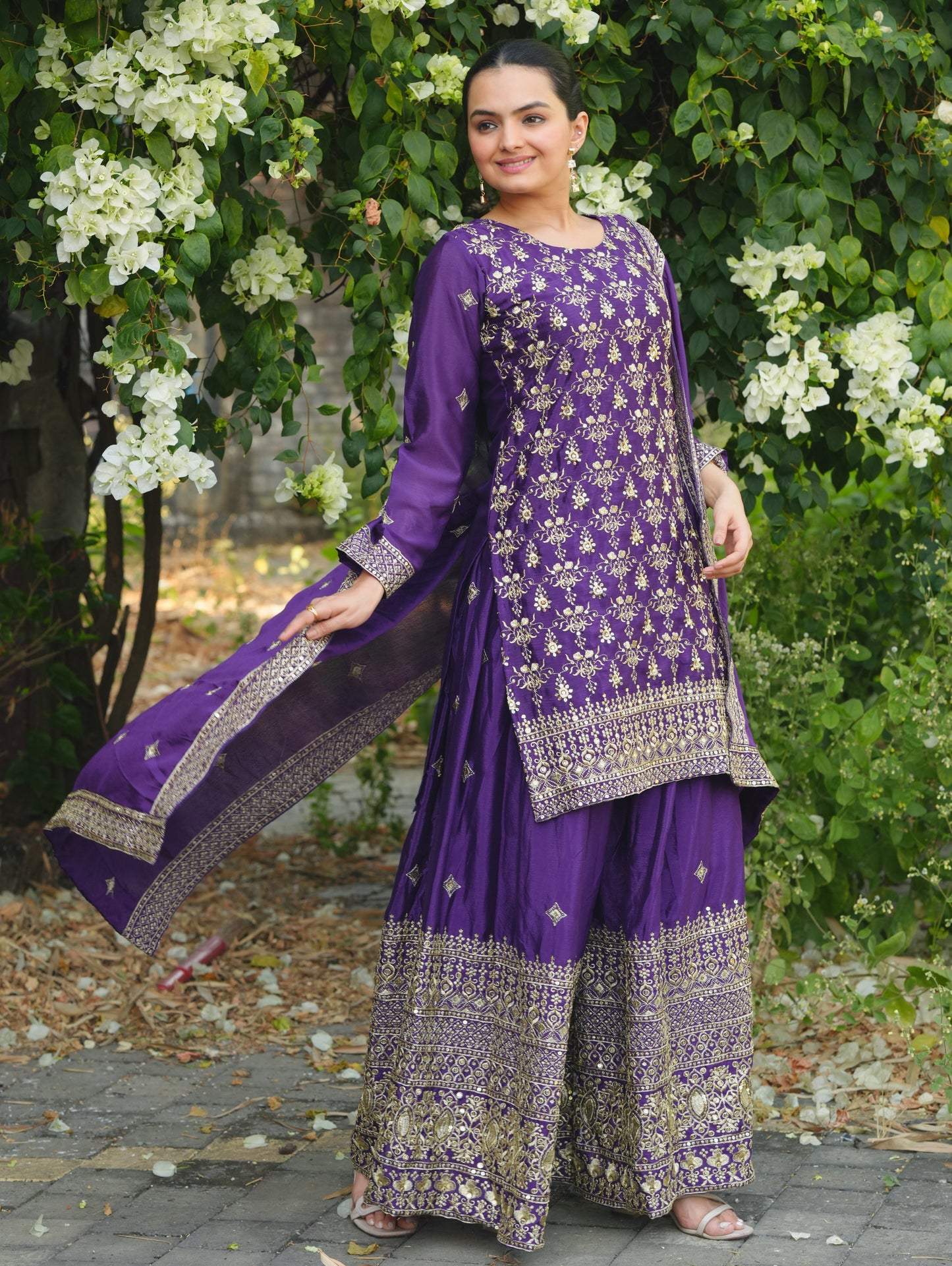 Purple Silk Sharara Suit with Heavy Golden Zari & Sequin Embroidery