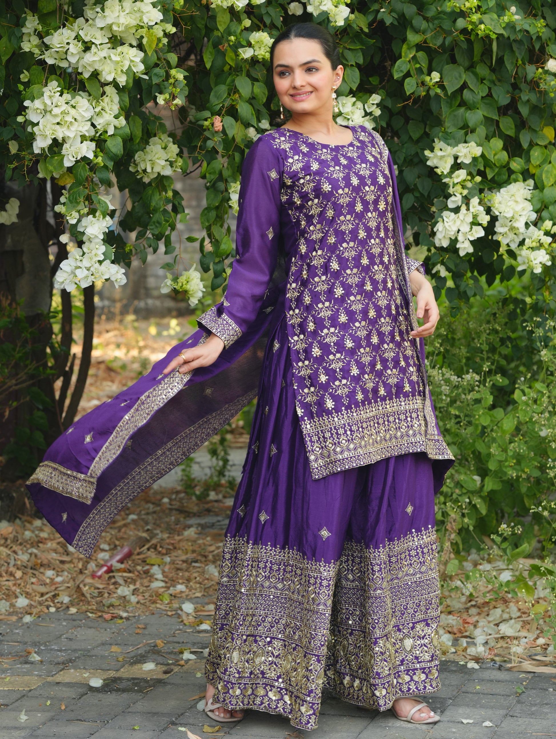 Purple Silk Sharara Suit with Heavy Golden Zari & Sequin Embroidery