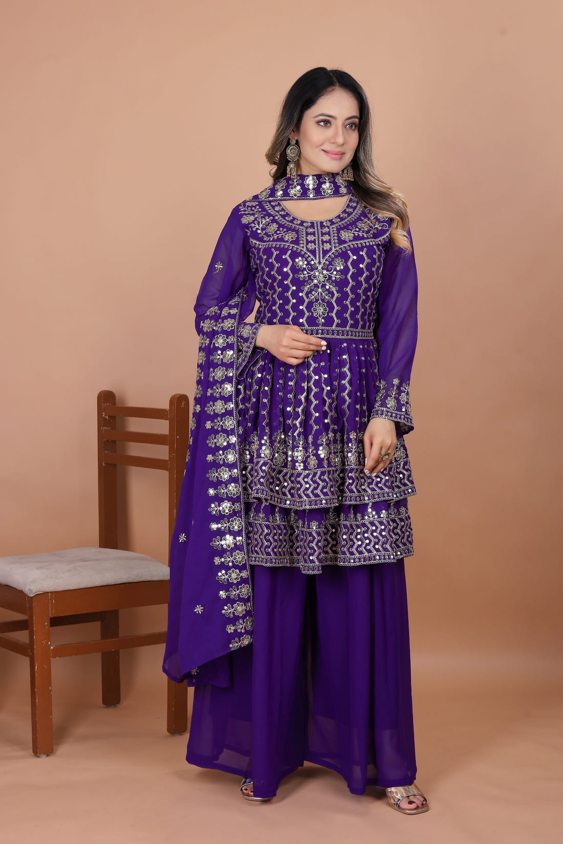 Purple Peplum Style Sharara Suit with Heavy Golden Embroidery and Sequin Detailing