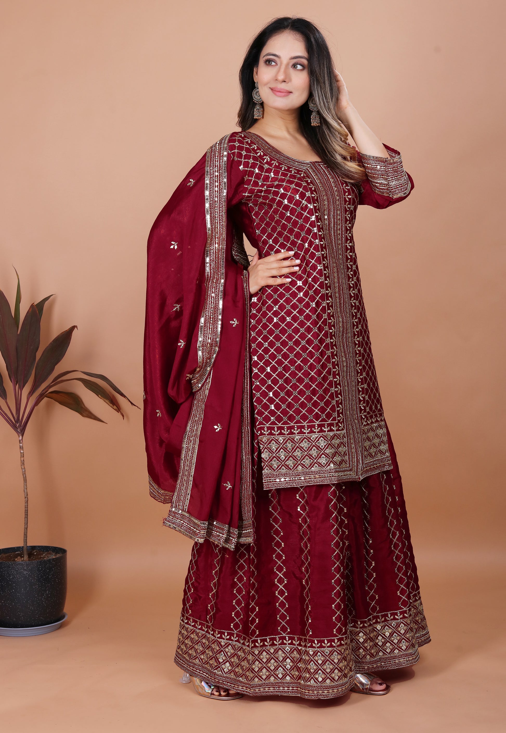 Maroon Silk Sharara Suit with Heavy Mirror Work and Intricate Geometric Embroidery