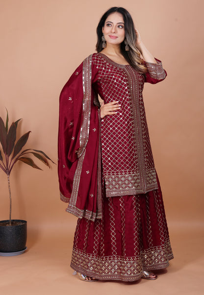 Maroon Silk Sharara Suit with Heavy Mirror Work and Intricate Geometric Embroidery