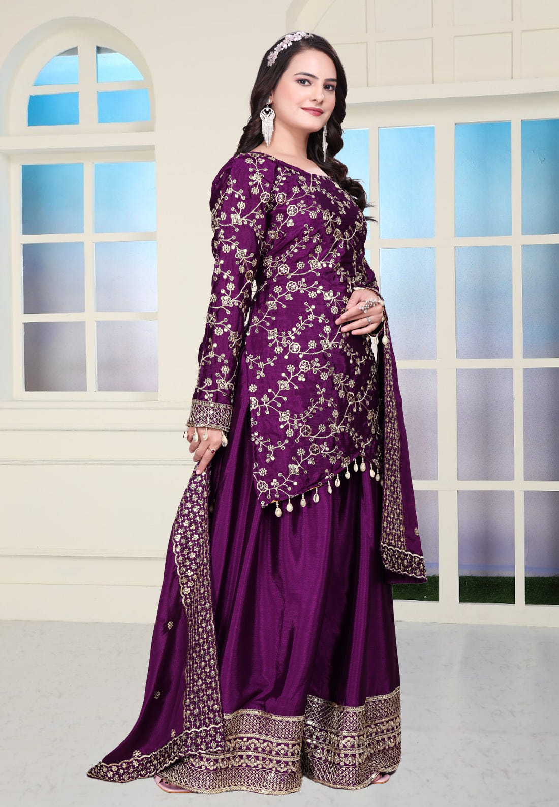Chinon Sequin Embroidered Sharara Suit – Designer Festive Wear Drape Dress