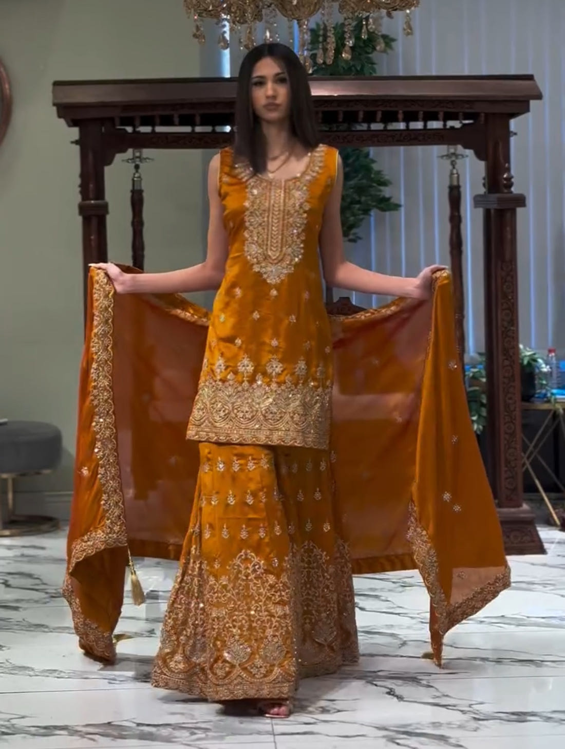 Designer Georgette Sequin-Embroidered Sharara Suit | Party Wear Drape Dress