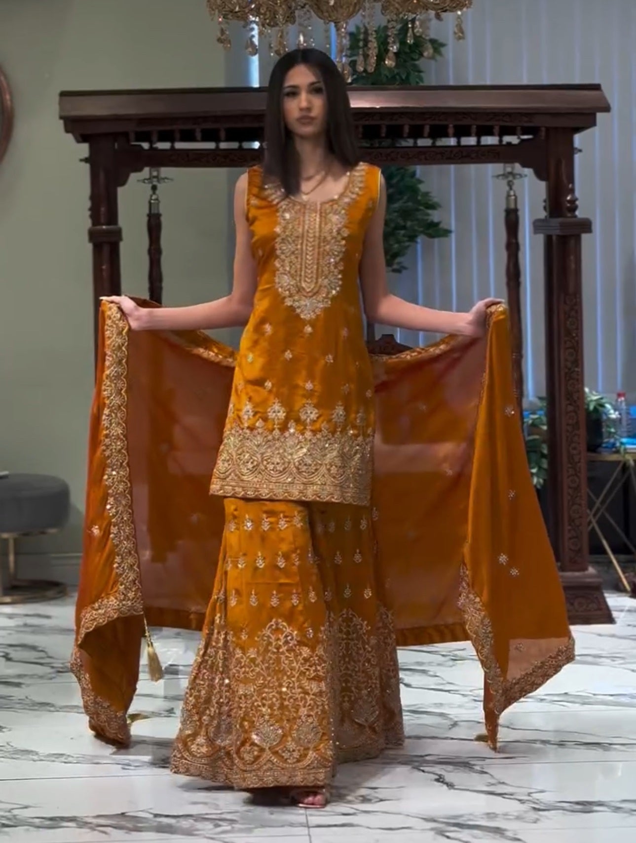 Designer Georgette Sequin-Embroidered Sharara Suit | Party Wear Drape Dress