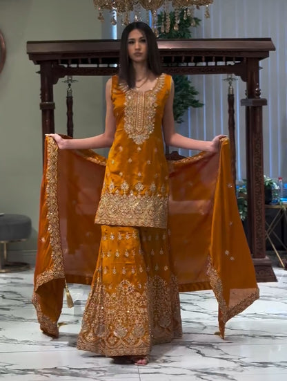 Designer Georgette Sequin-Embroidered Sharara Suit | Party Wear Drape Dress