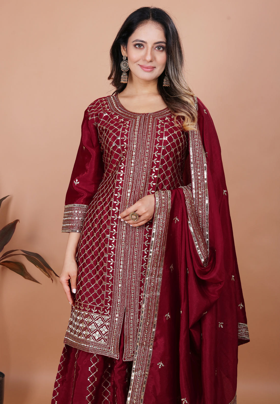 Maroon Silk Sharara Suit with Heavy Mirror Work and Intricate Geometric Embroidery