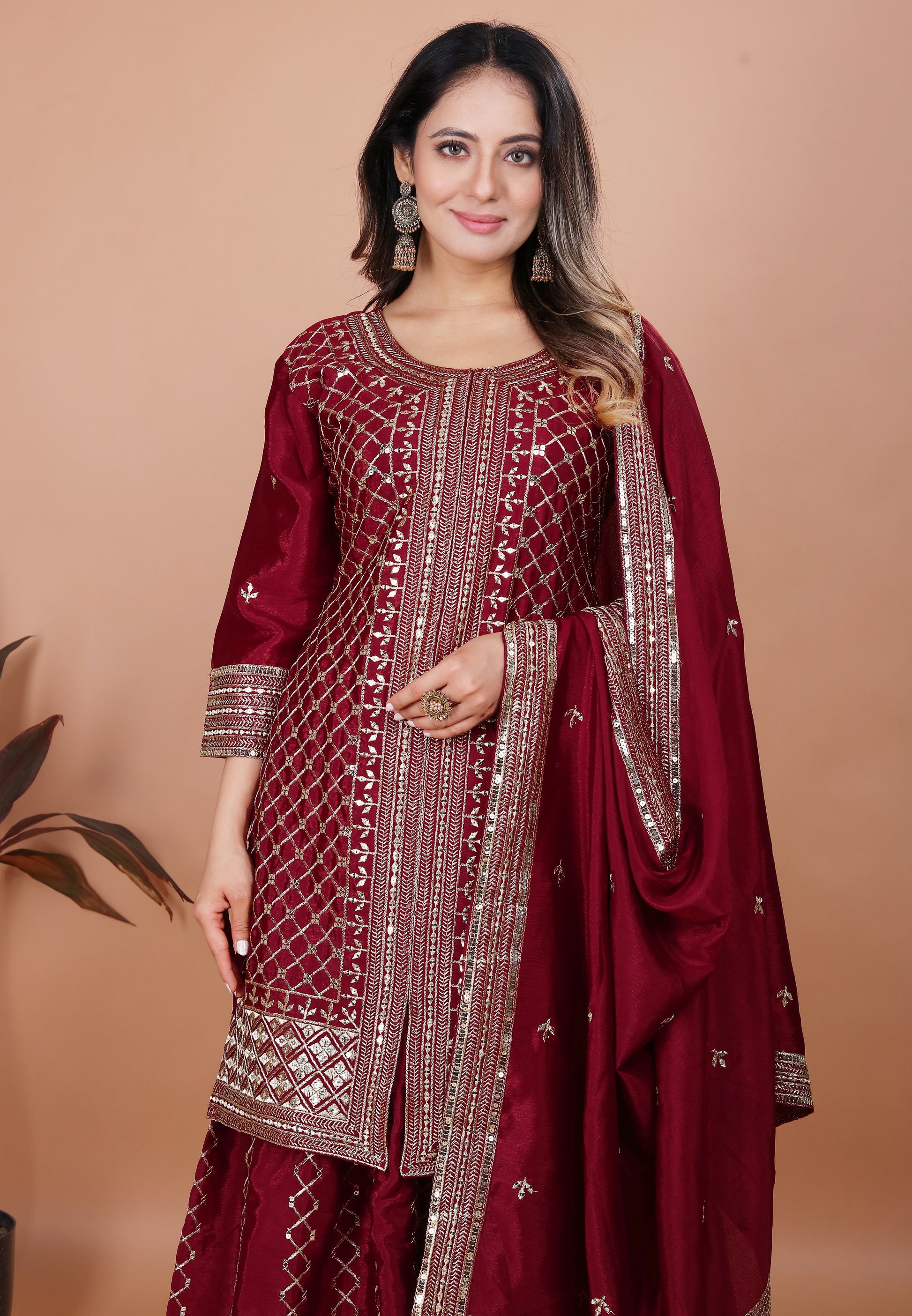 Maroon Silk Sharara Suit with Heavy Mirror Work and Intricate Geometric Embroidery