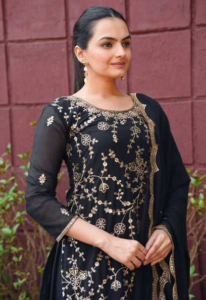 Black Georgette Sharara Suit with Heavy Golden Thread and Sequin Embroidery