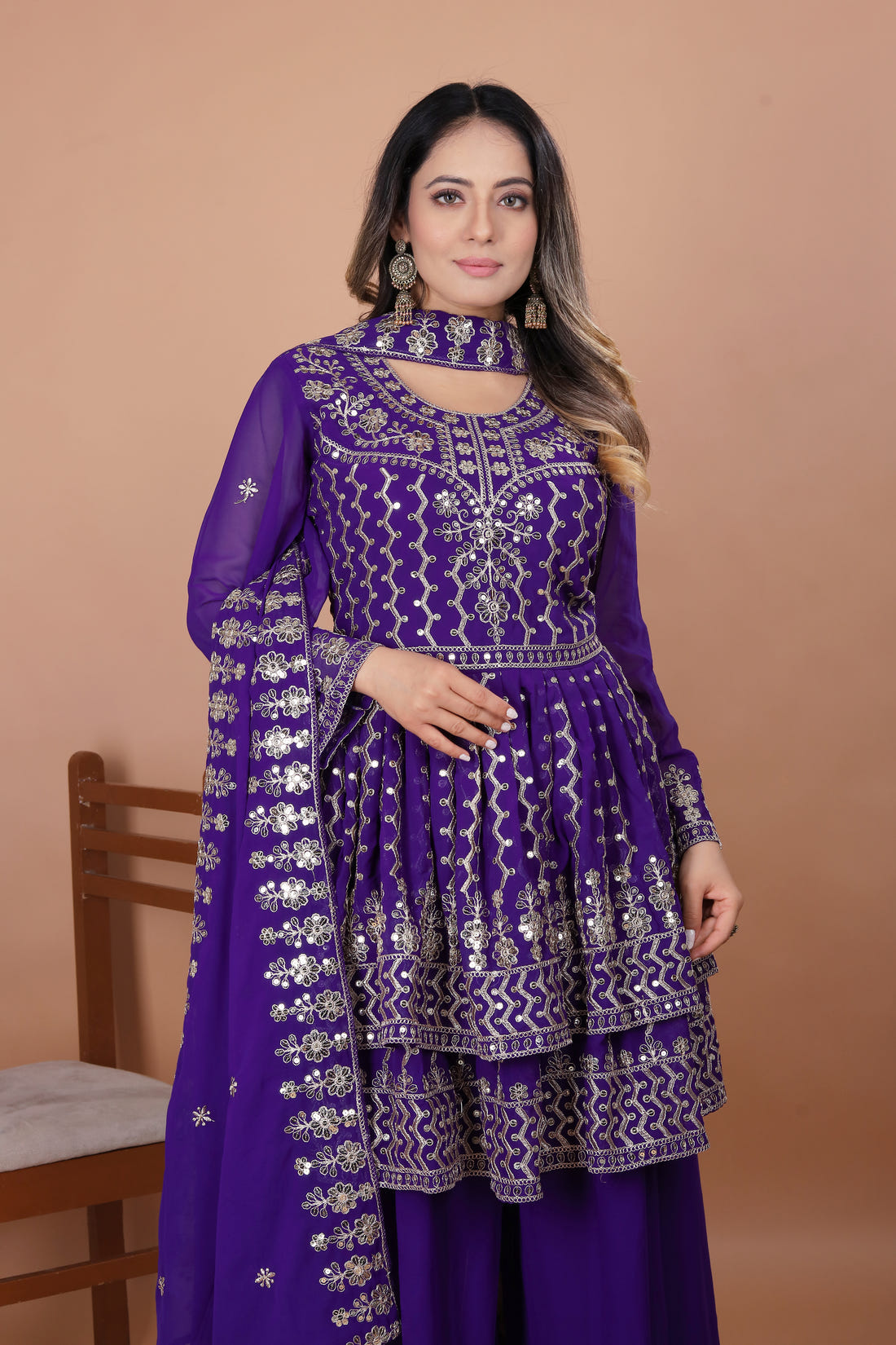 Purple Peplum Style Sharara Suit with Heavy Golden Embroidery and Sequin Detailing