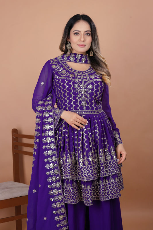 Purple Peplum Style Sharara Suit with Heavy Golden Embroidery and Sequin Detailing
