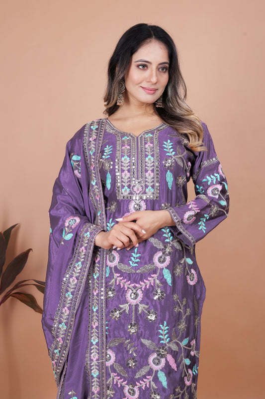Lavender Silk Straight Suit with Multicolor Thread and Mirror Embroidery