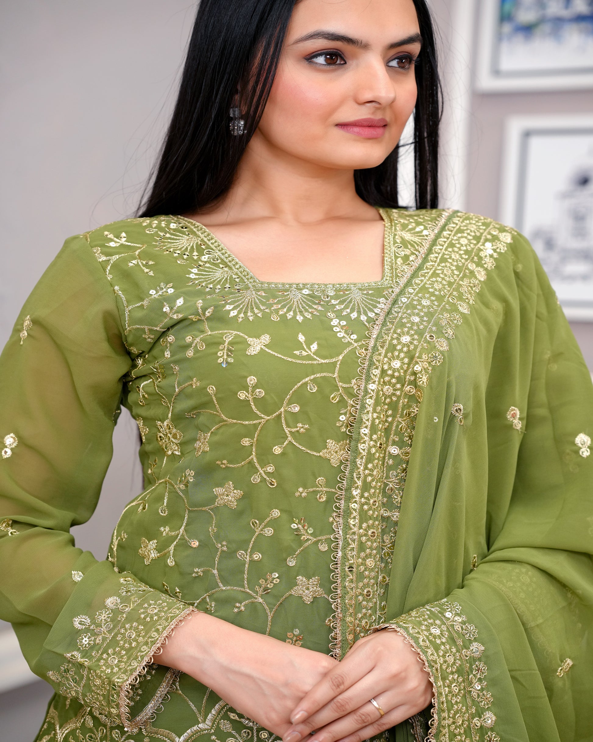 Olive Green Georgette Sharara Suit with Heavy Golden Thread and Sequin Embroidery