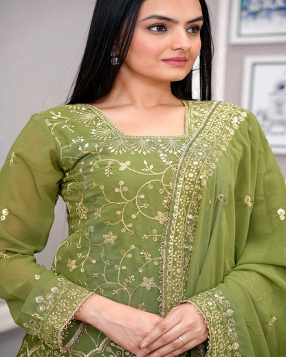 Olive Green Georgette Sharara Suit with Heavy Golden Thread and Sequin Embroidery