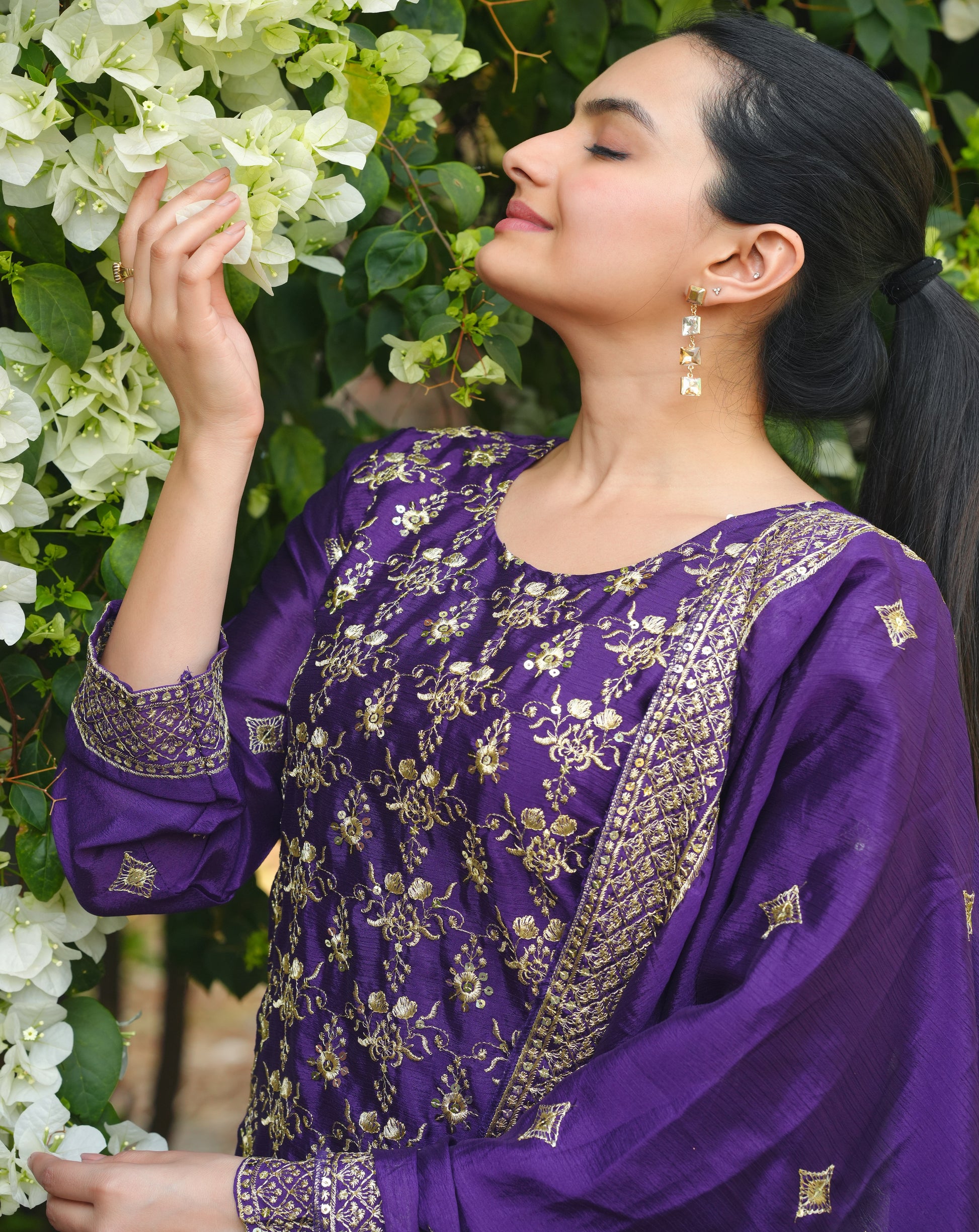 Purple Silk Sharara Suit with Heavy Golden Zari & Sequin Embroidery