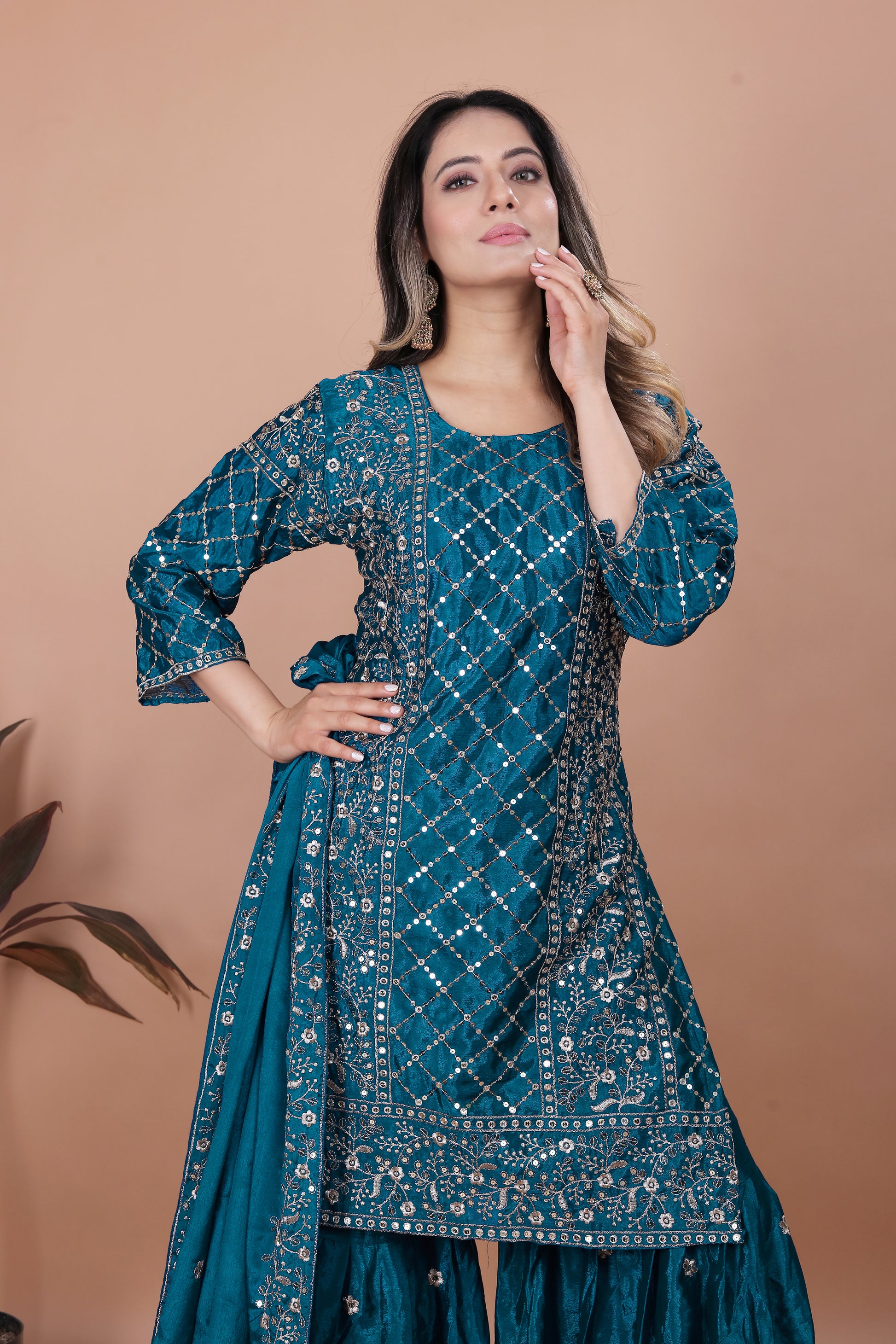 Teal Blue Silk Sharara Suit with Mirror Work and Floral Thread Embroidery