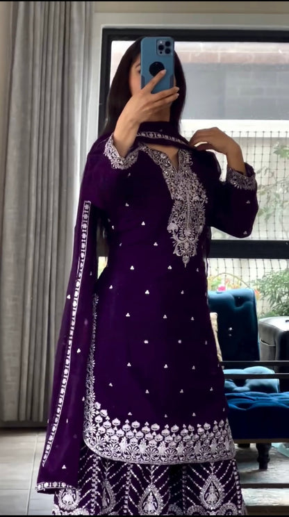 Designer Embroidered Chinon Sharara Suit With Sequence Embroidered Work