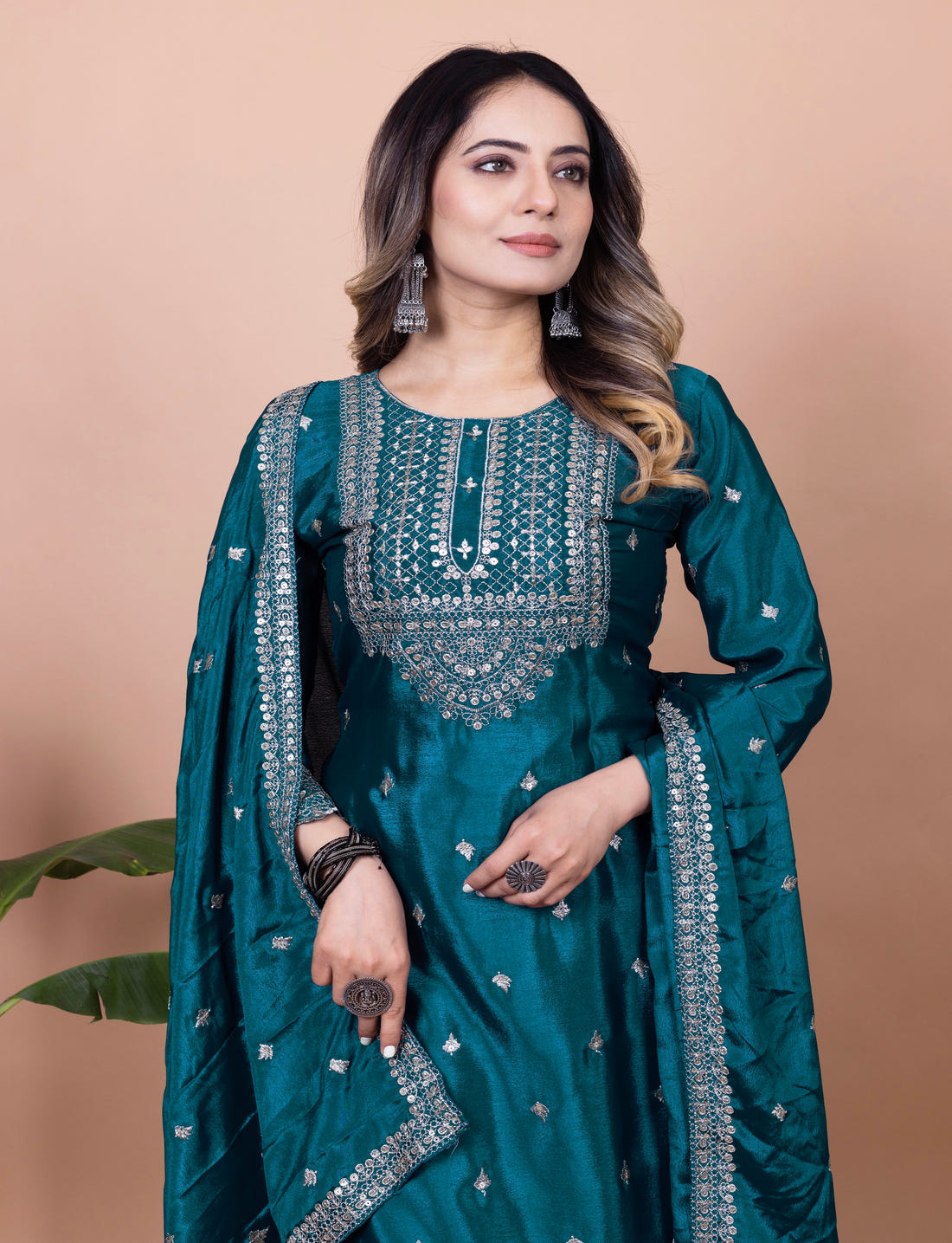 Designer Chinon Sharara Suit with Cording‑Sequin Embroidery | Party‑Wear Ensemble Drape Dress