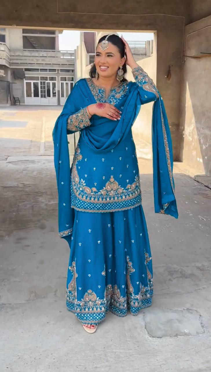 Designer Chinon Sharara Suit with Stunning Sequin Embroidered Work