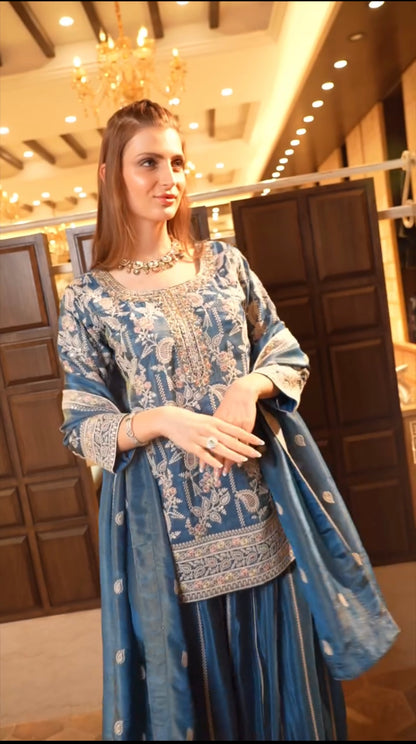 Teal Color Sharara Suit in Chinon With Sequence Embroidery Sharara Suit