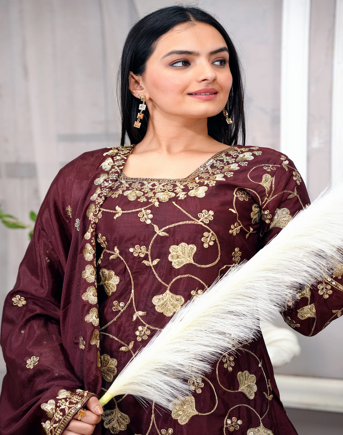 Designer Chinon Sequin-Embroidered Sharara Suit | Festive Party Wear Ensemble Drape Dress