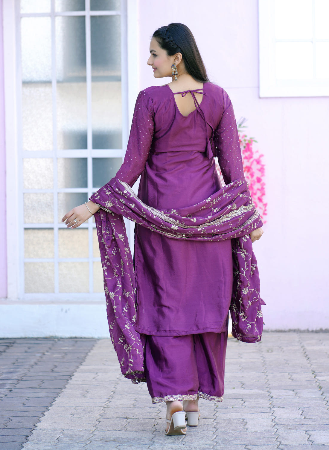 Designer Chinon Embroidered Suit with Sequin & Stone Work | Party‑Wear Salwar Kameez Drape Dress