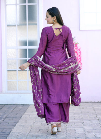 Designer Chinon Embroidered Suit with Sequin & Stone Work | Party‑Wear Salwar Kameez Drape Dress