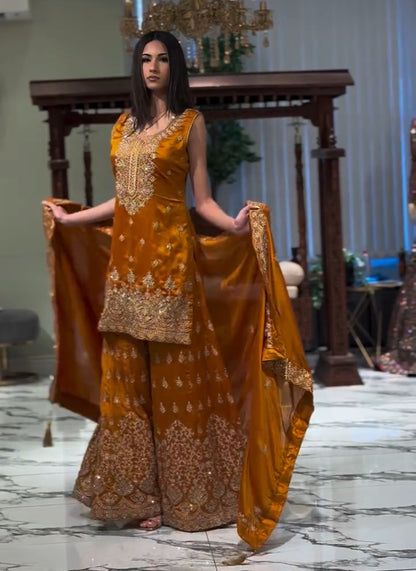 Designer Georgette Sequin-Embroidered Sharara Suit | Party Wear Drape Dress