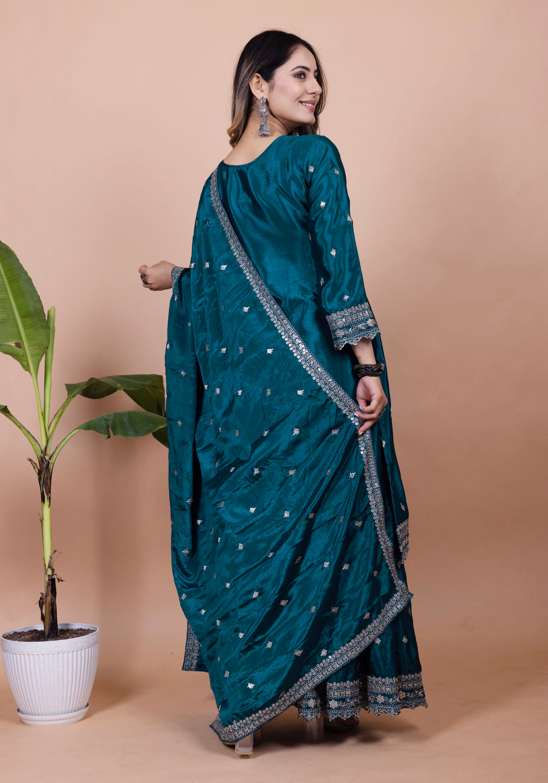 Designer Chinon Sharara Suit with Cording‑Sequin Embroidery | Party‑Wear Ensemble Drape Dress