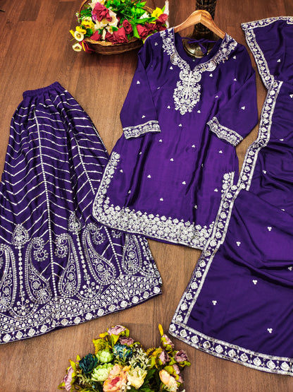 Designer Embroidered Chinon Sharara Suit With Sequence Embroidered Work
