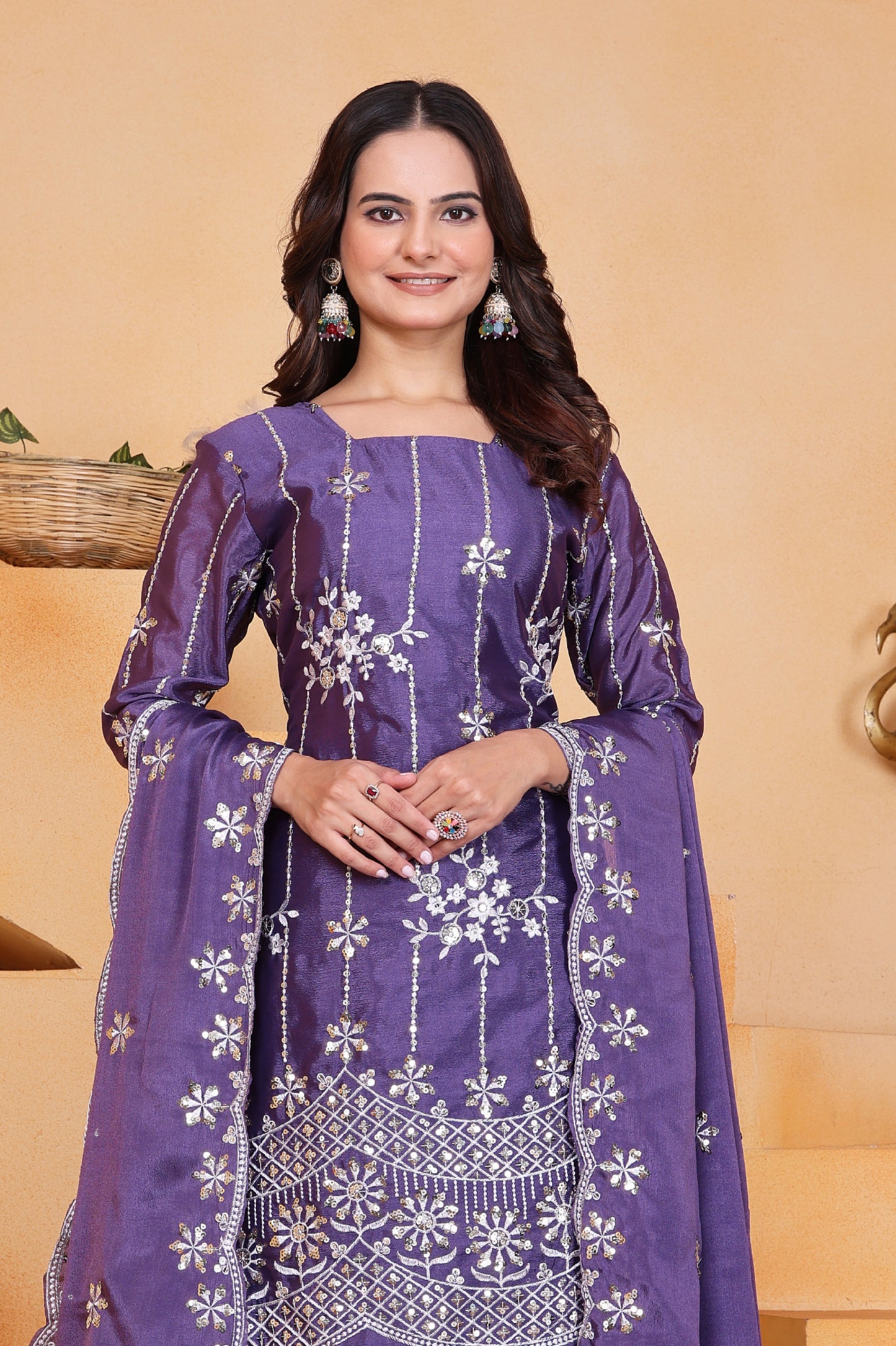 Lavender Chinon Sequin Embroidered Sharara Suit with Dupatta