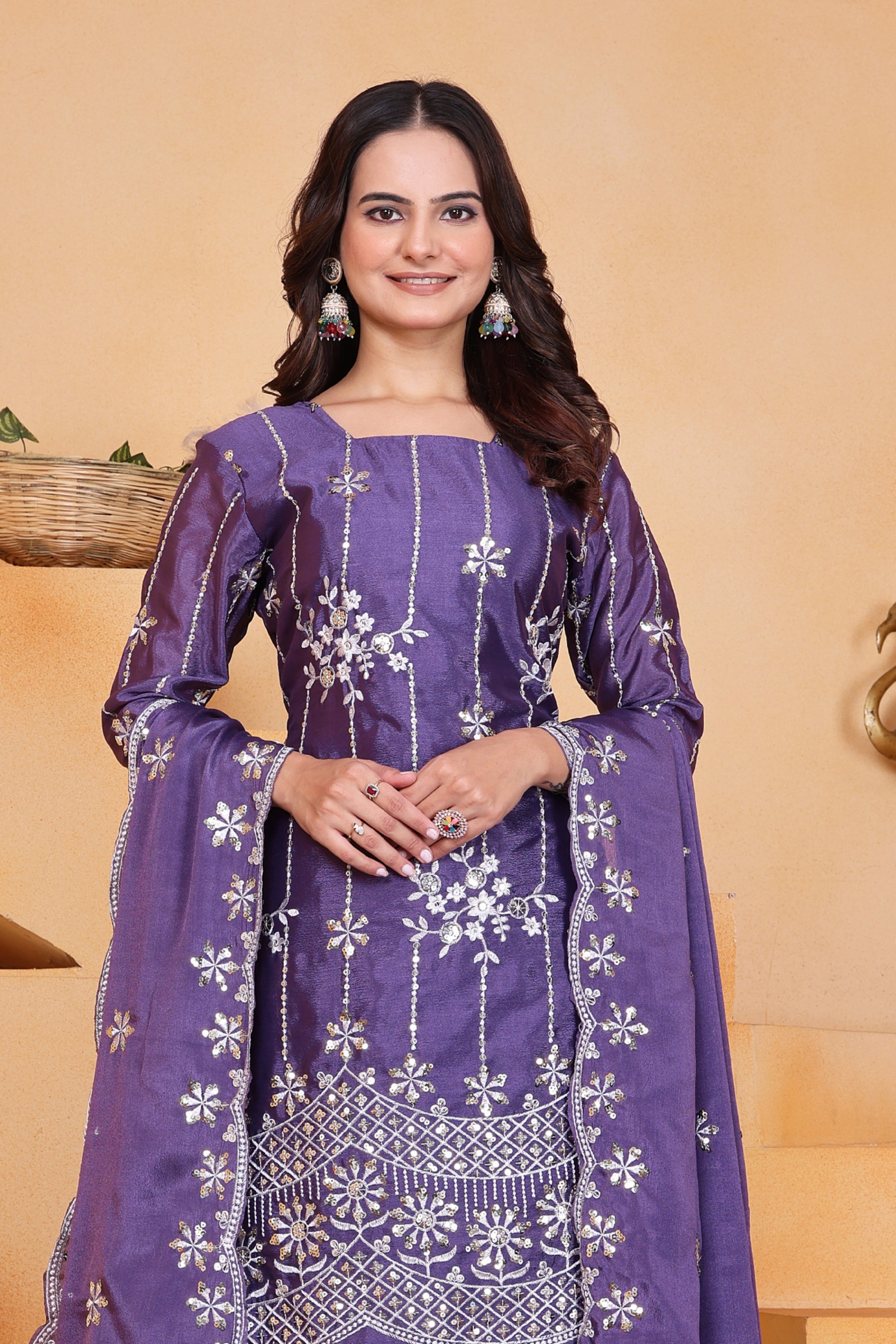 Lavender Chinon Sequin Embroidered Sharara Suit with Dupatta