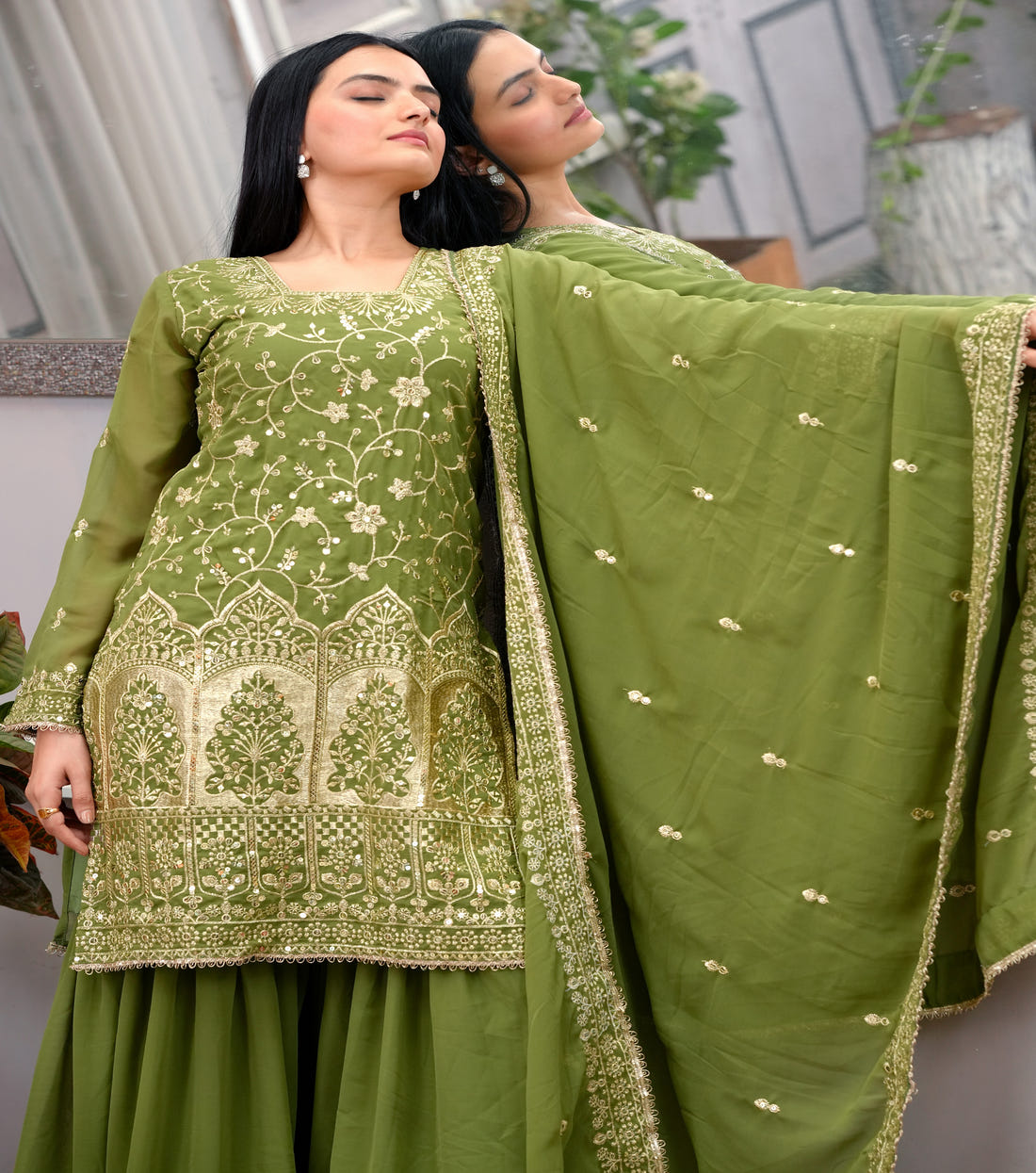 Olive Green Georgette Sharara Suit with Heavy Golden Thread and Sequin Embroidery