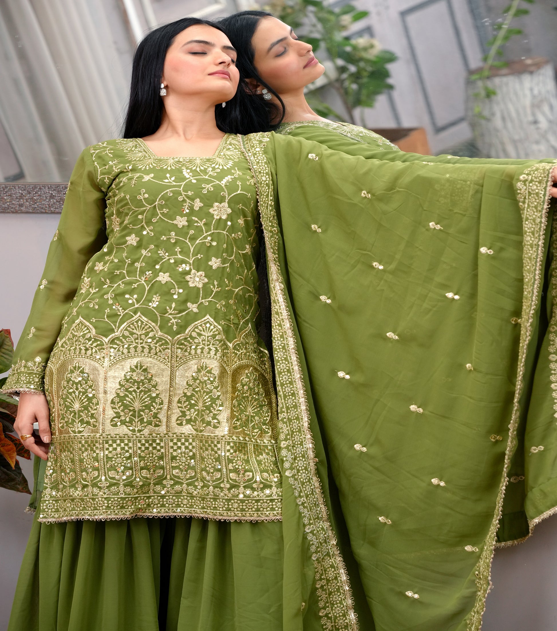 Olive Green Georgette Sharara Suit with Heavy Golden Thread and Sequin Embroidery