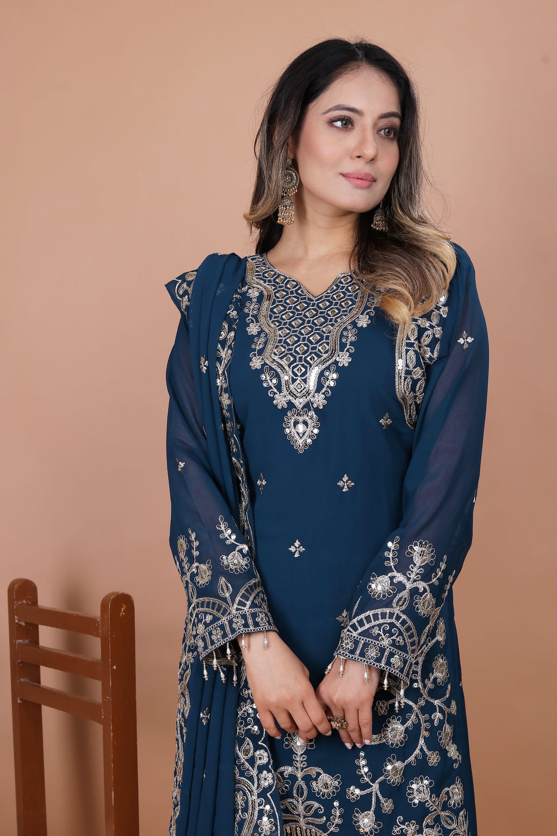 Teal Blue Silk Sharara Suit with Heavy Mirror Work and Intricate Embroidery