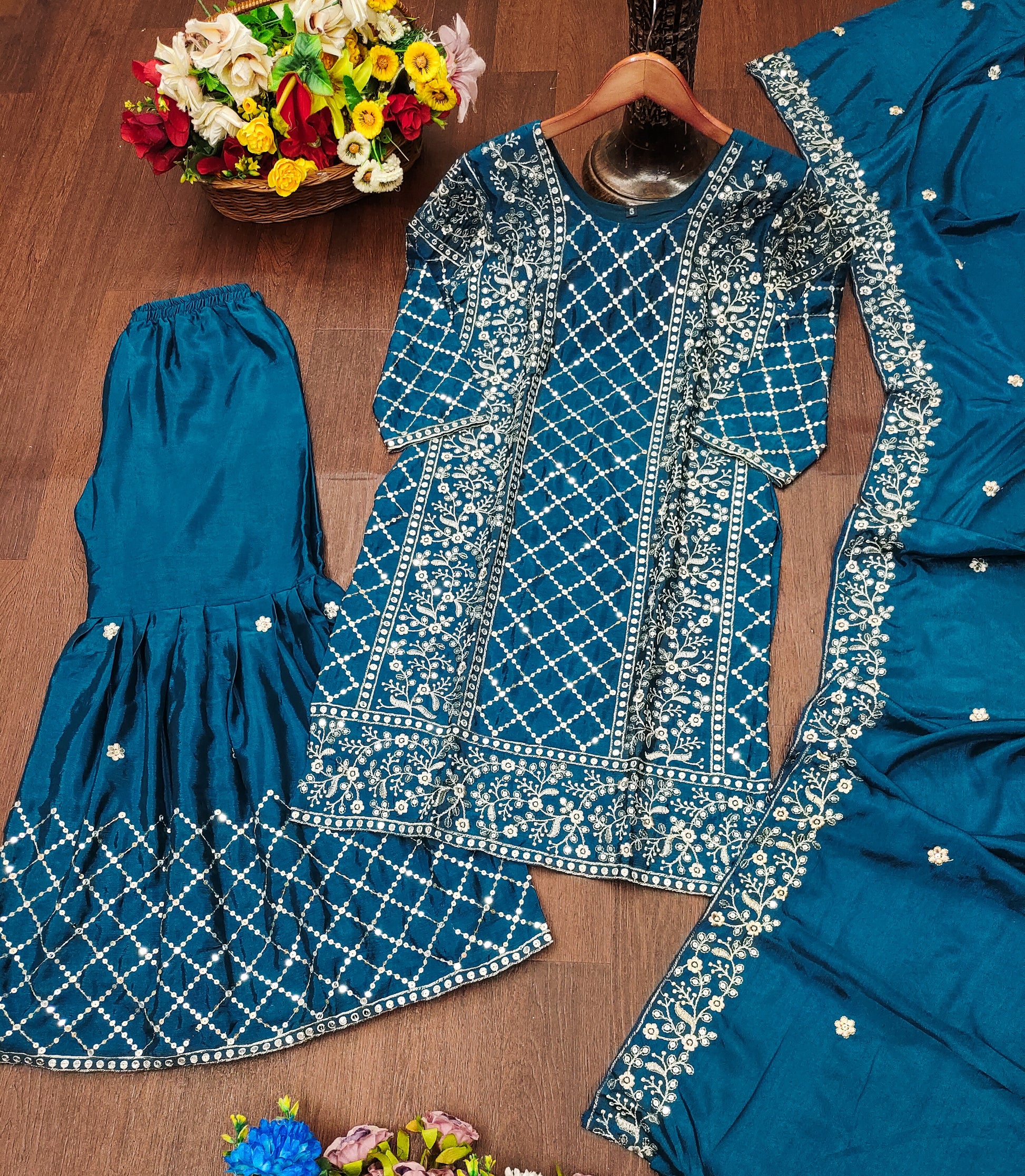 Teal Blue Silk Sharara Suit with Mirror Work and Floral Thread Embroidery