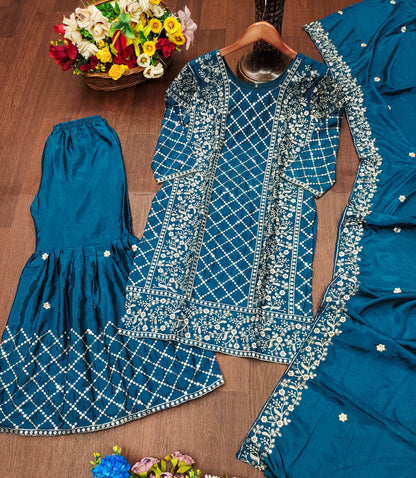 Teal Blue Silk Sharara Suit with Mirror Work and Floral Thread Embroidery