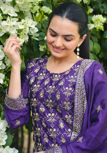 Purple Silk Sharara Suit with Heavy Golden Zari & Sequin Embroidery