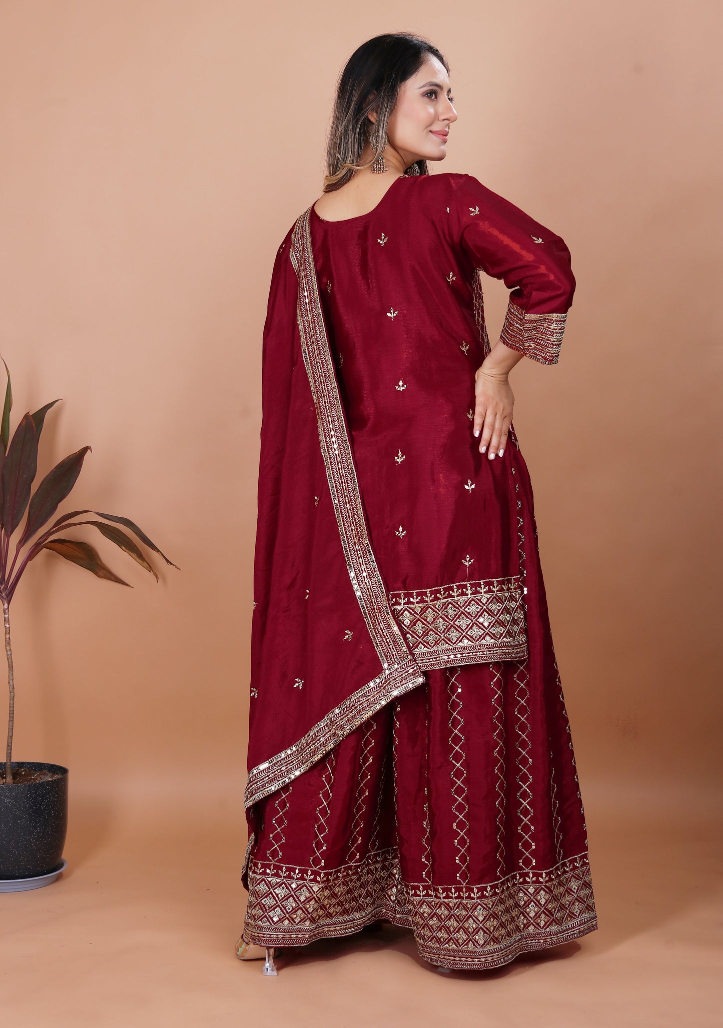 Maroon Silk Sharara Suit with Heavy Mirror Work and Intricate Geometric Embroidery