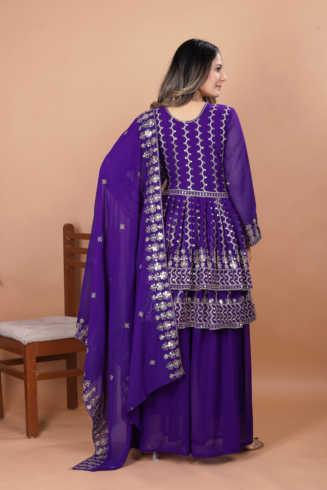 Purple Peplum Style Sharara Suit with Heavy Golden Embroidery and Sequin Detailing