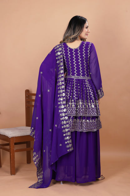 Purple Peplum Style Sharara Suit with Heavy Golden Embroidery and Sequin Detailing