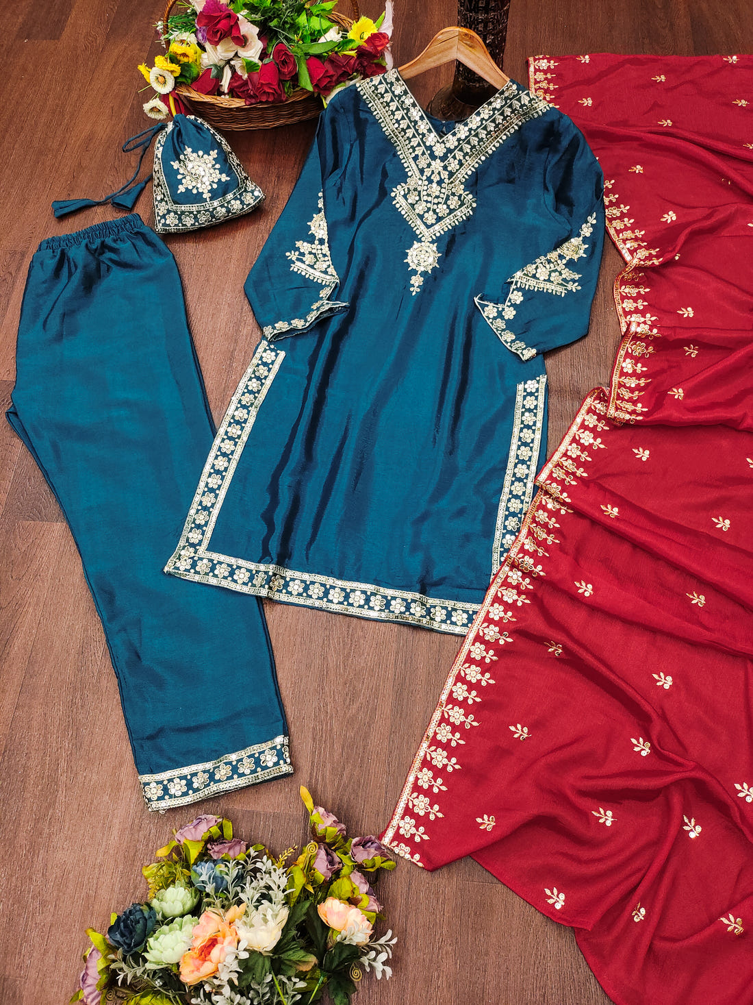 Lovely Peacock Blue Color Chinon Embroidery Work Salwar Suit