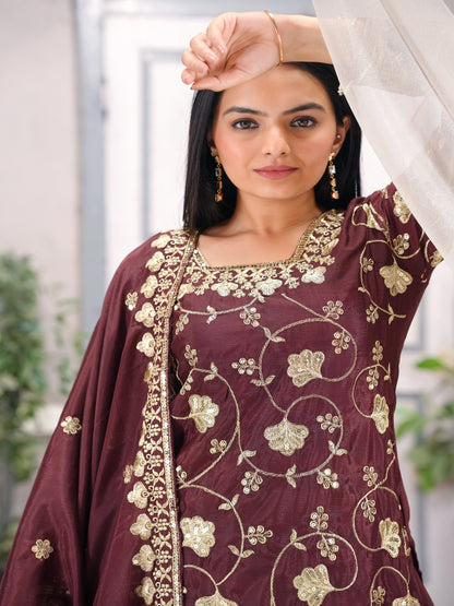 Designer Chinon Sequin-Embroidered Sharara Suit | Festive Party Wear Ensemble Drape Dress