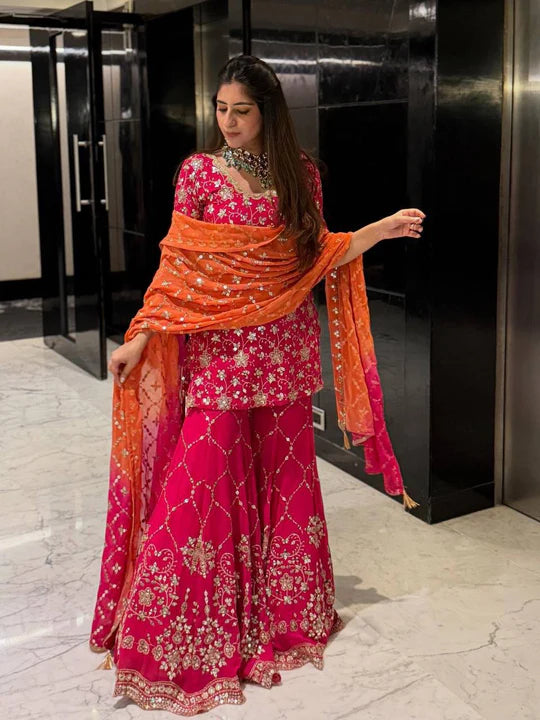 Wear Pink Color Georgette Ready To Wear Sharara Set