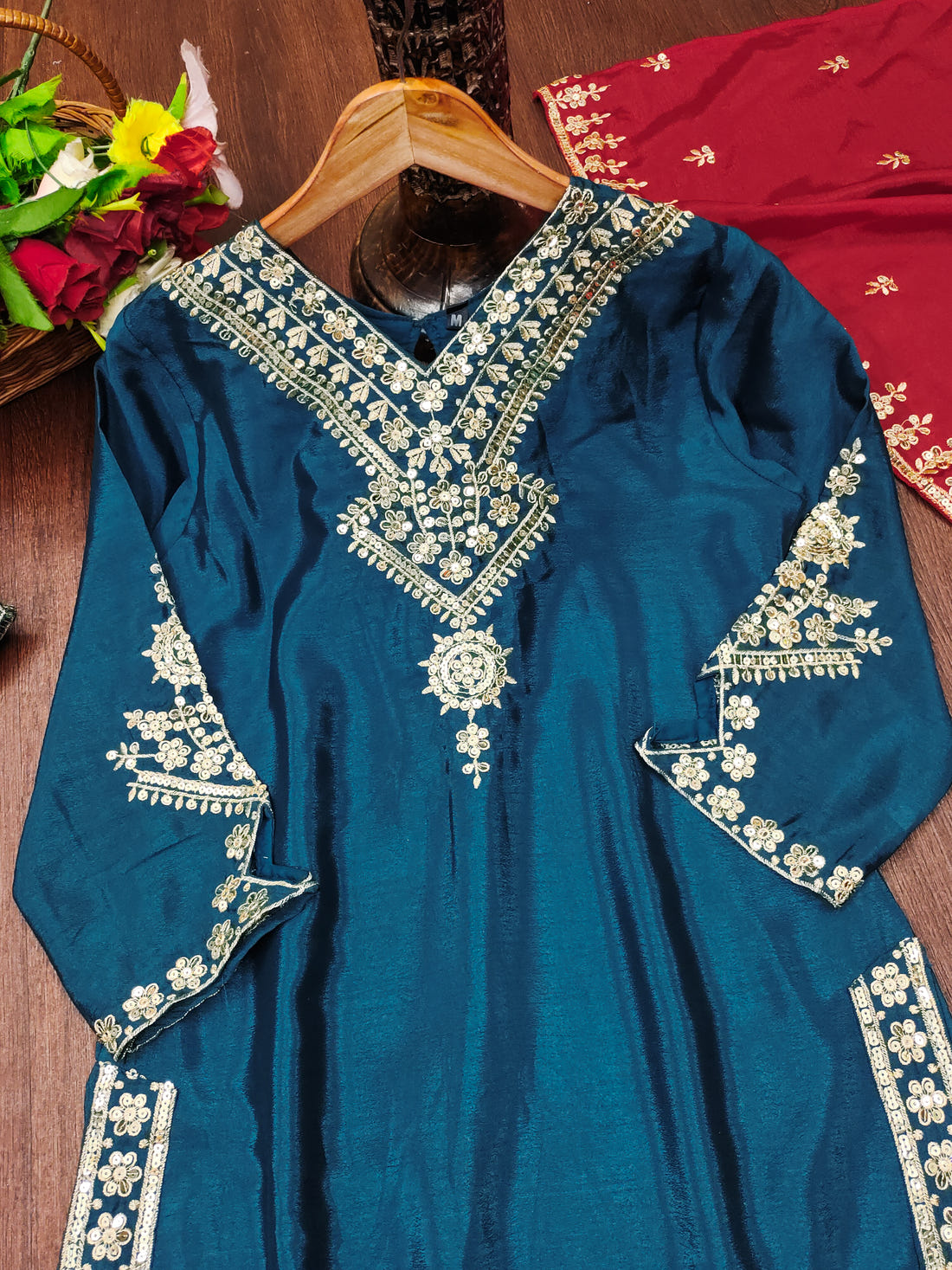Lovely Peacock Blue Color Chinon Embroidery Work Salwar Suit