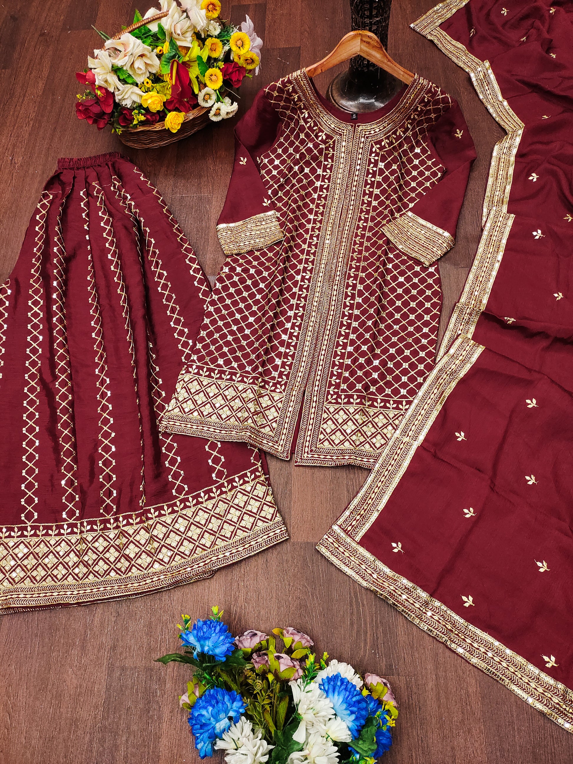 Maroon Silk Sharara Suit with Heavy Mirror Work and Intricate Geometric Embroidery