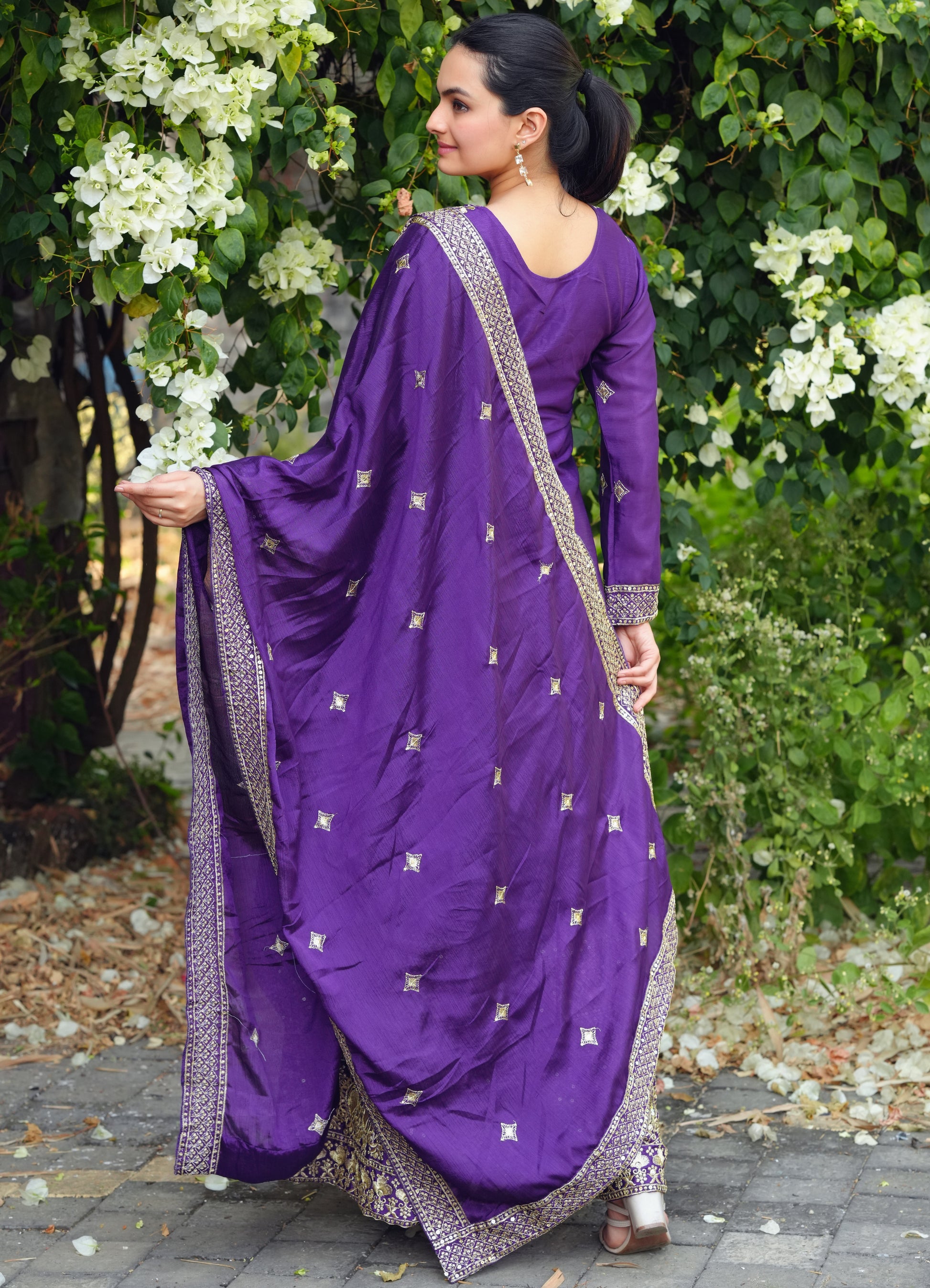 Purple Silk Sharara Suit with Heavy Golden Zari & Sequin Embroidery