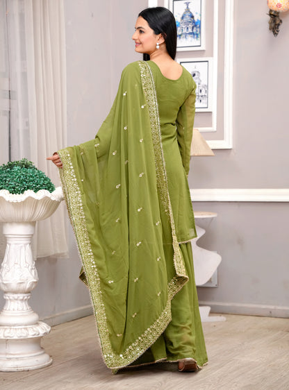 Olive Green Georgette Sharara Suit with Heavy Golden Thread and Sequin Embroidery