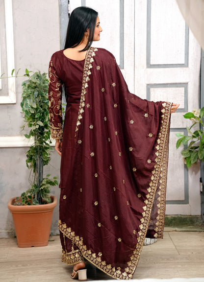 Designer Chinon Sequin-Embroidered Sharara Suit | Festive Party Wear Ensemble Drape Dress