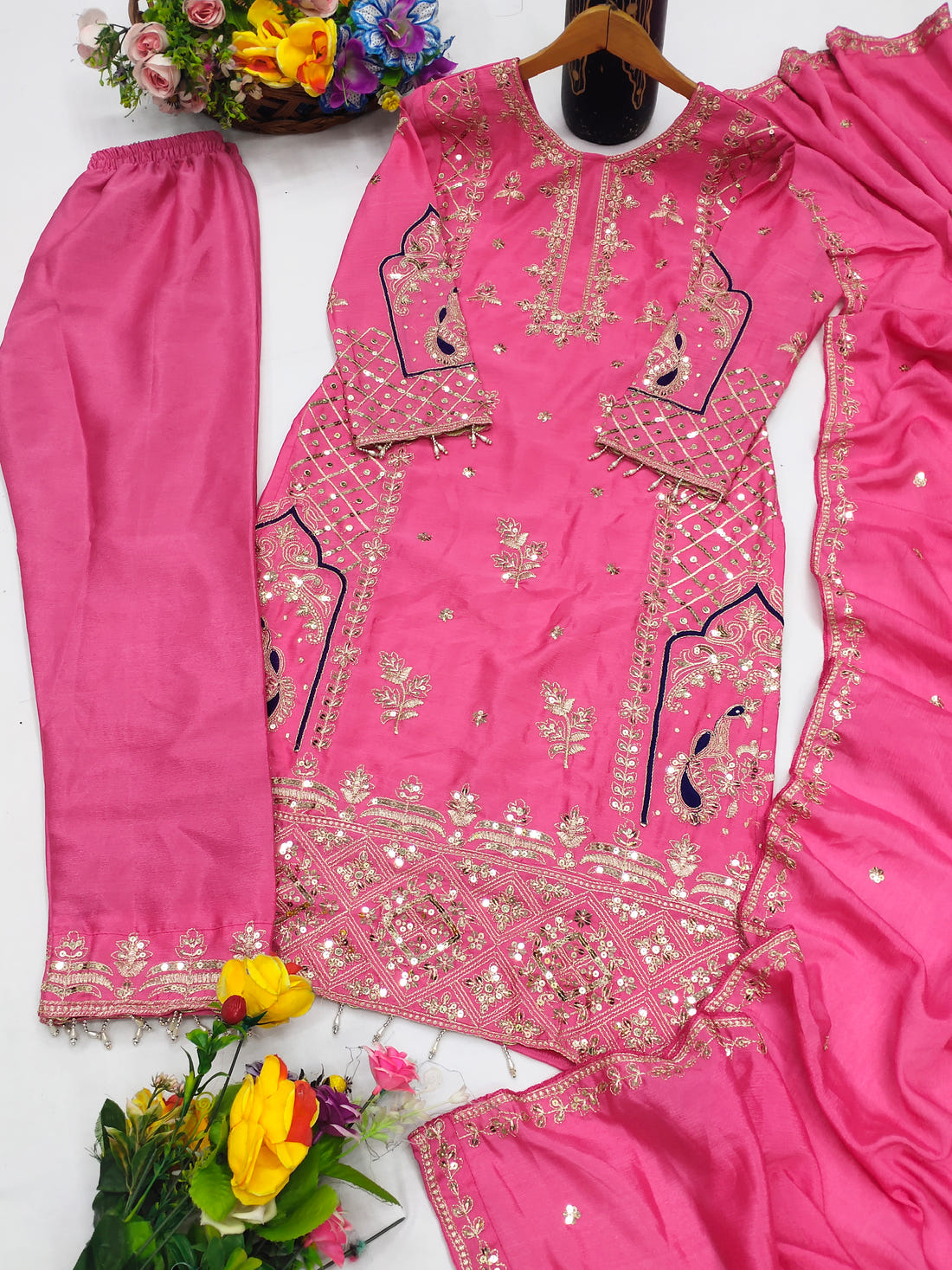 Designer Chinon Sequin-Embroidered Suit | Party-Wear Salwar Kameez Drape Dress